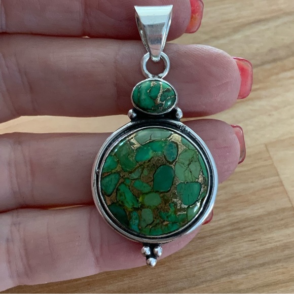 Green Copper Turquoise Solid 925 Sterling Silver Pendant - Picture 2 of 4